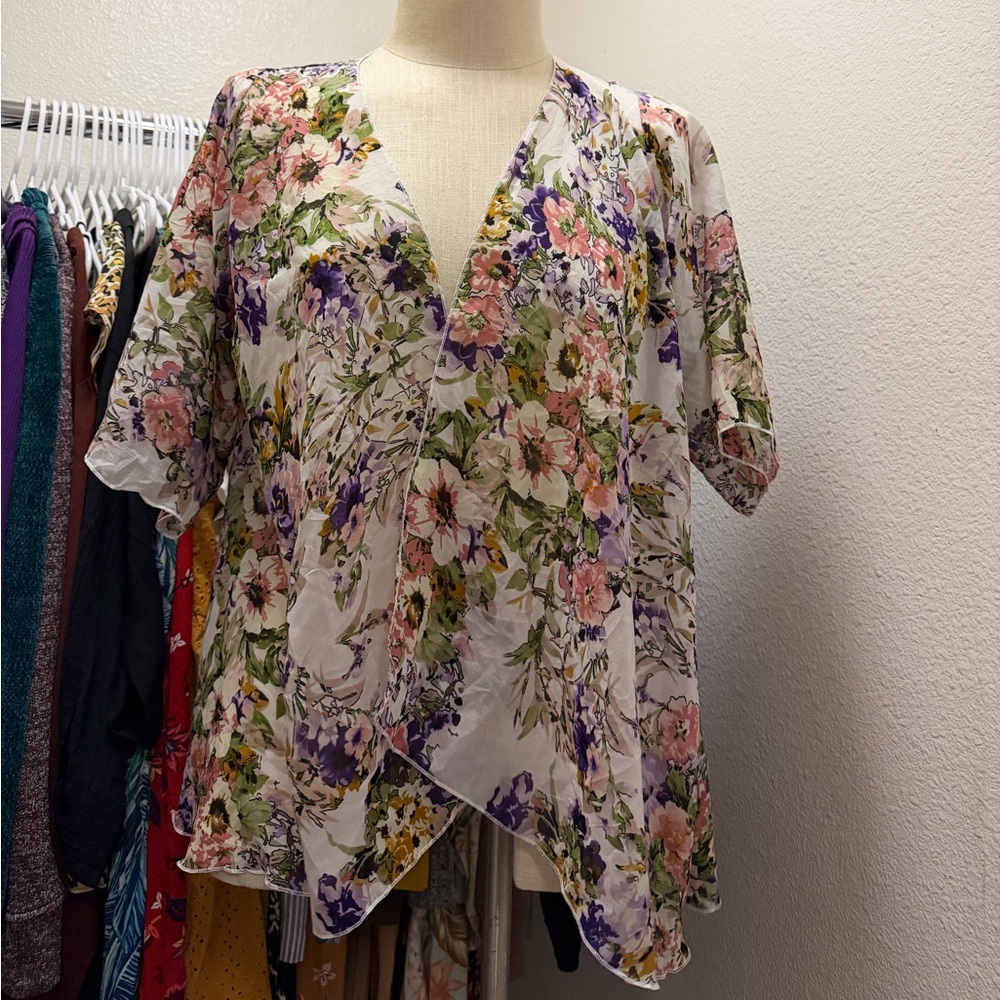 Source Unknown Floral Wrap-Style Sheer Blouse in White, Pink & Purple